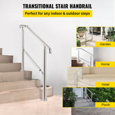 VEVOR 3 Step Railing Stainless Steel Transitional Handrail fit for Level Surface and 1 to 3 Steps Adjustable Stair Railing Indoor Outdoor Step Railings 220lb Capacity W/ Installation Kit Porch DIY